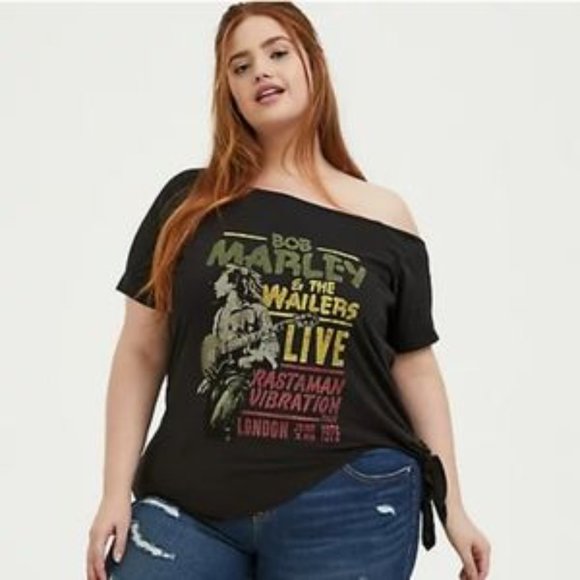 torrid Tops - Torrid Zion Bob Marley Off Shoulder Tie Graphic T-shirt Black 1x